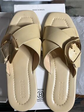 SCHUTZ Cream Crisscross Slide Sandals with Gold Buckle size 8